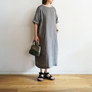 ムジルシリョウヒン(MUJI (無印良品))の◆新品 ◆ 無印良品フレンチリネン洗いざらし七分袖ワンピース／カーキベージュ／Ｌ(ひざ丈ワンピース)