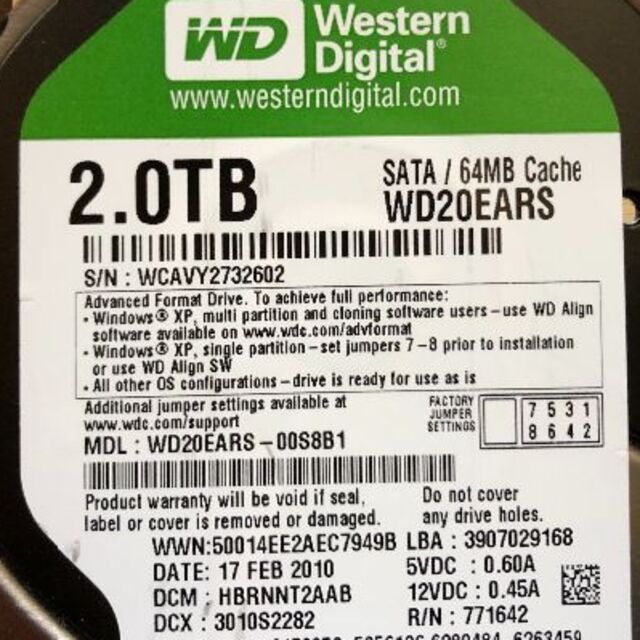 HDDジャンク 3.5-inch WESTERN DIGITA 2.0TB スマホ/家電/カメラのPC/タブレット(PCパーツ)の商品写真