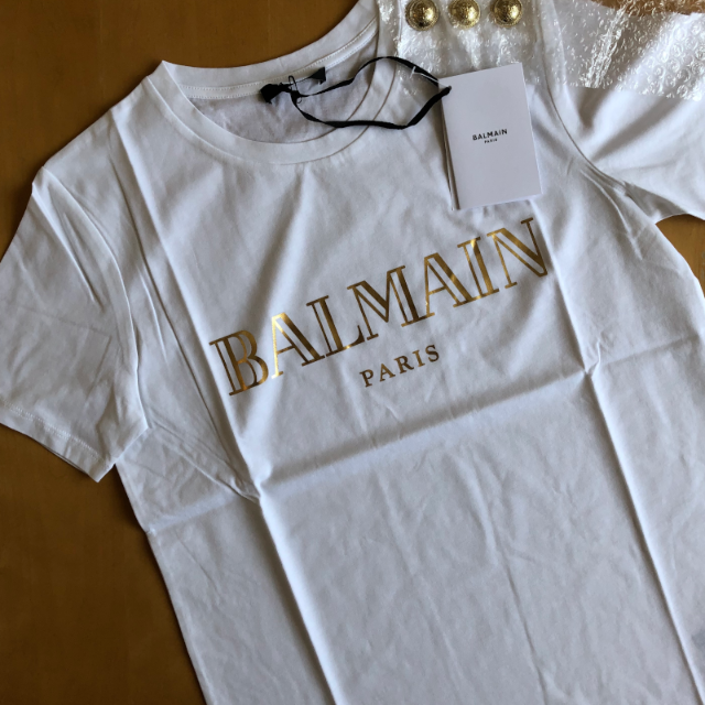 新品未使用 ◆BALMAIN◆ホワイト コットン Tシャツ ゴールドロゴホワイトゴールドロゴ素材