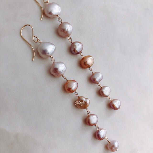 14kgf⌘Pink Pearl gradation long pierce ハンドメイドのアクセサリー(ピアス)の商品写真