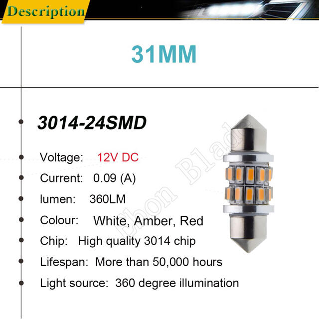 LED t10×31 3014-24SMD super Amber 1pcs 自動車/バイクの自動車(汎用パーツ)の商品写真