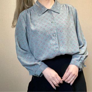 vintage 古着 レトロ 総柄 長袖 ブラウス 柄シャツ くすみブルー 春夏(シャツ/ブラウス(長袖/七分))