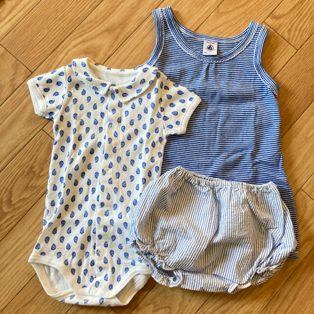 PETIT BATEAU(プチバトー)のプチバトー　3枚セット　女の子　男の子　6m 67 70 ロンパース　ブルマ キッズ/ベビー/マタニティのベビー服(~85cm)(ロンパース)の商品写真