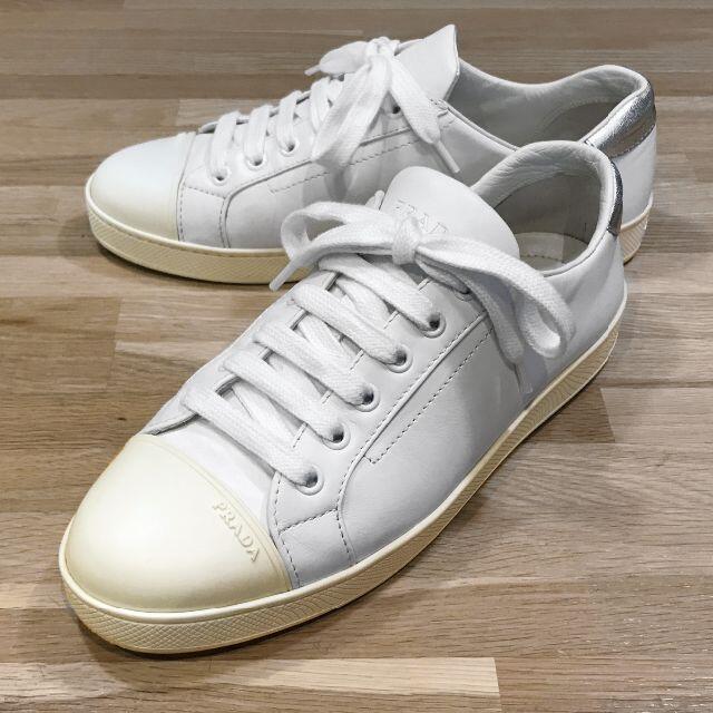 PRADA - 良品 プラダ スニーカー レディース 白 銀 テニス 38 25cm