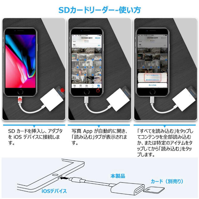  iPhone SDカードリーダー データ転送 Flashair不要 純正品同様 スマホ/家電/カメラのPC/タブレット(PC周辺機器)の商品写真