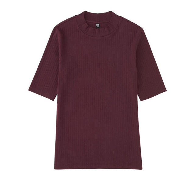 UNIQLO(ユニクロ)のリブハイネックT(5分袖) WINE レディースのトップス(Tシャツ(半袖/袖なし))の商品写真