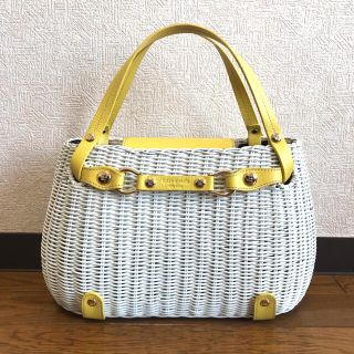 ケイトスペードニューヨーク(kate spade new york)のケイトスペード かごバッグ ハンドバッグ レザー 籐 白 黄色(かごバッグ/ストローバッグ)