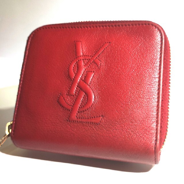 美品　イヴ・サンローラン　YSL　コンパクト財布　ワインレッド　カーフレザー