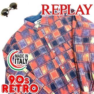 90s vintage 長袖　柄シャツ　イタリア製　メンズ　L 　A7