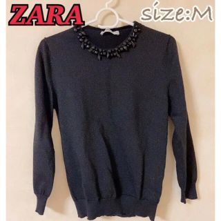 ザラ(ZARA)のZARA ビジュー付きラメ入りトップス Mサイズ(カットソー(長袖/七分))