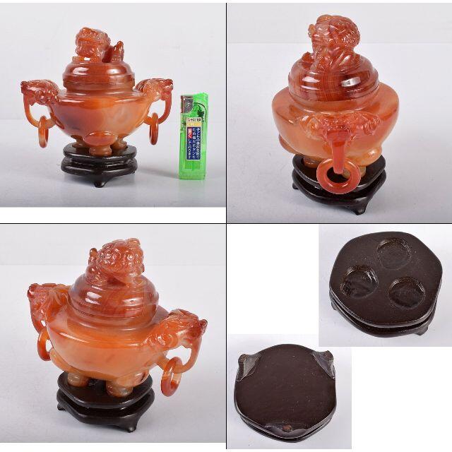中国　赤瑪瑙彫刻　雙耳活環　獅子鈕蓋爐　香炉　唐木台付　M　R3500