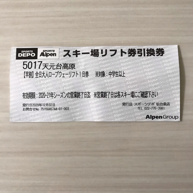 天元台高原スキー場リフト券 チケットの施設利用券(スキー場)の商品写真