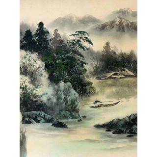 大幅掛軸 行雅『山村風景 青緑山水図』日本画 絹本 肉筆 掛け軸 ...