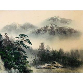 大幅掛軸 行雅『山村風景 青緑山水図』日本画 絹本 肉筆 掛け軸 ...