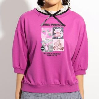 ピンクラテ(PINK-latte)のPINK-latte ★ニコラ掲載★5分袖リボン付き転写プルオーバー(Tシャツ/カットソー)