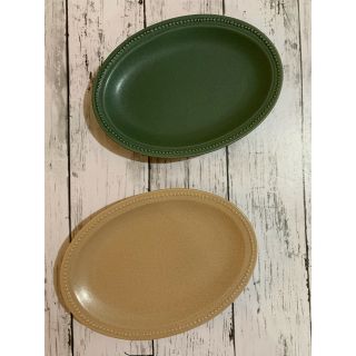 ドット カーキ&ピンク オーバル 中皿 2枚 洋食器 美濃焼 オシャレ カフェ風(食器)