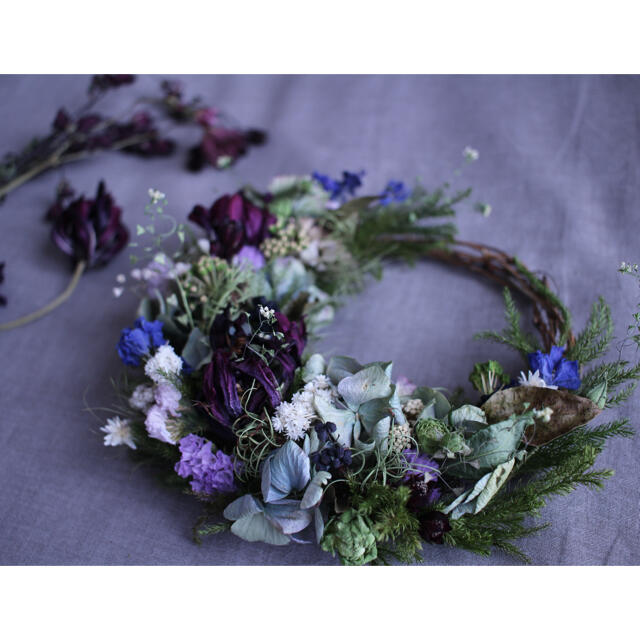 紫チューリップと紫陽花の三日月リース✳︎ドライフラワー◎母の日ギフト