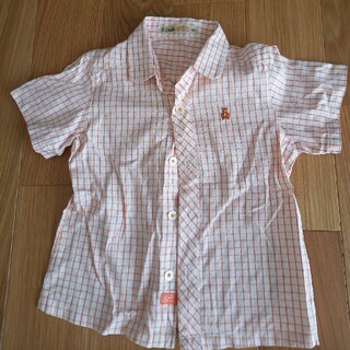 Tシャツ　シャツ　オレンジ　チェック柄　格子柄　熊　くま　半袖　100cm(Tシャツ/カットソー)