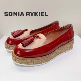 ソニアリキエル(SONIA RYKIEL)の☆極美品 ソニアリキエル プラットフォーム タッセル ローファー シューズ 赤(ローファー/革靴)