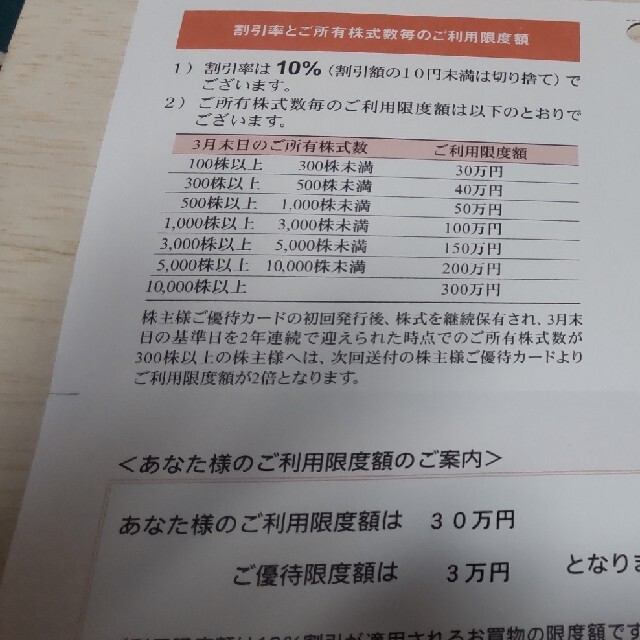 三越伊勢丹 株主優待カード  1枚優待限度額3万円 1