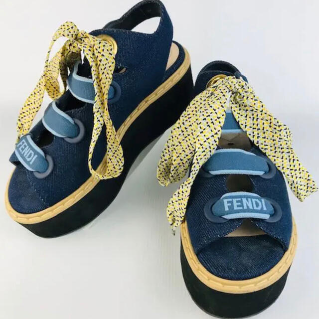 美品★FENDI・デニム地 アンクルリボン プラットフォームサンダル（36）