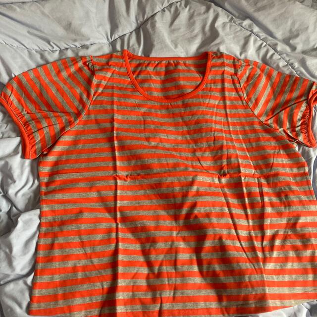 cecile(セシール)の大きいサイズ  パフスリーブ  ボーダーシャツ  レッド レディースのトップス(Tシャツ(半袖/袖なし))の商品写真