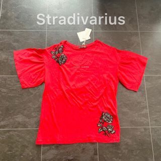 ザラ(ZARA)の新品未使用タグ付♡Stradivarius♡袖フリル刺繍入Tシャツ♡赤(Tシャツ(半袖/袖なし))