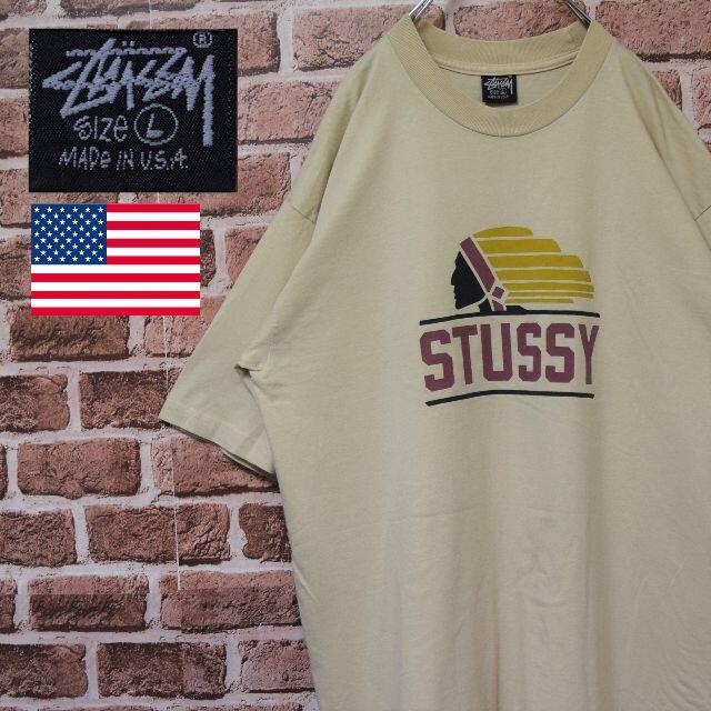 《ステューシー》80s　黒タグ　USA製　ベージュ　ビッグロゴ　L　Tシャツ