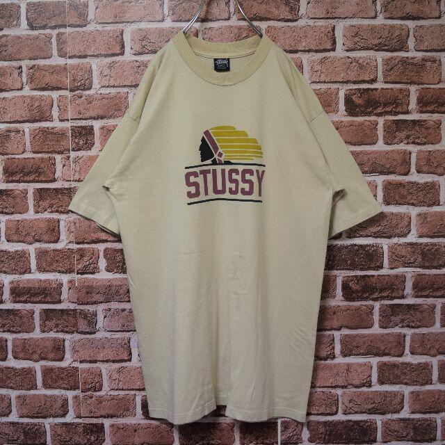 《ステューシー》80s　黒タグ　USA製　ベージュ　ビッグロゴ　L　Tシャツ