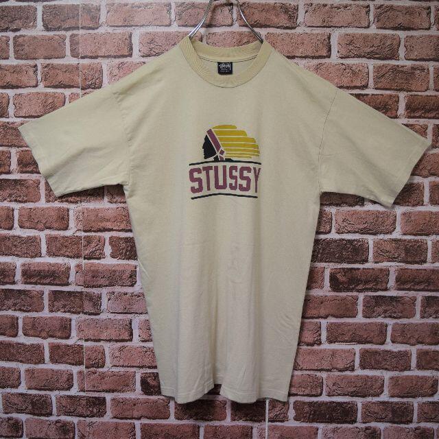 《ステューシー》80s　黒タグ　USA製　ベージュ　ビッグロゴ　L　Tシャツ