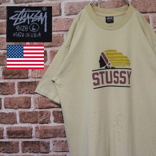 ステューシー(STUSSY)の《ステューシー》80s　黒タグ　USA製　ベージュ　ビッグロゴ　L　Tシャツ(Tシャツ/カットソー(半袖/袖なし))