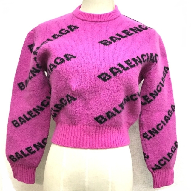 バレンシアガ BALENCIAGA 総柄ロゴ 555272 クルーネック プルオーバー ジャカードウールニット トップス セーター ウール ピンク×ブラック