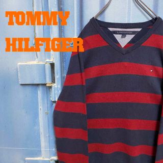 トミーヒルフィガー(TOMMY HILFIGER)のトミーヒルフィガー プルオーバー ニット ボーダーニット ハイゲージ 刺繍 古着(ニット/セーター)