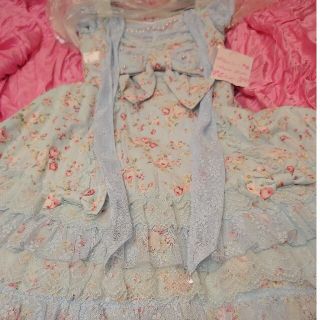 アンジェリックプリティー(Angelic Pretty)のアンジェリックプリティサックスお花柄後ろ大リボンワンピース(ひざ丈ワンピース)