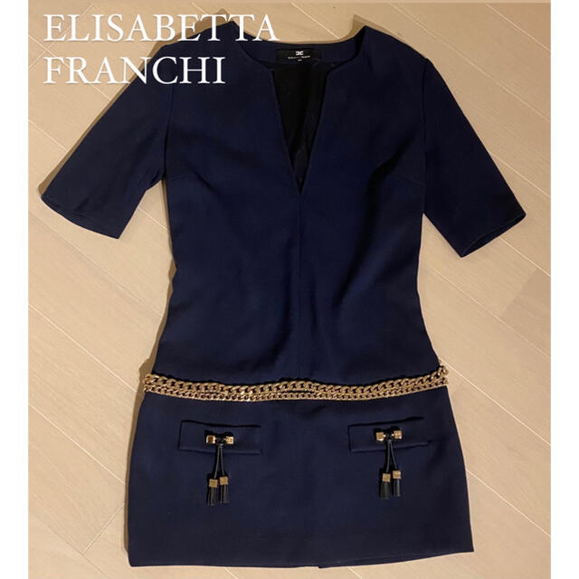 ELISABETTA FRANCHI ワンピース　ネイビー　チェーン　ゴールド