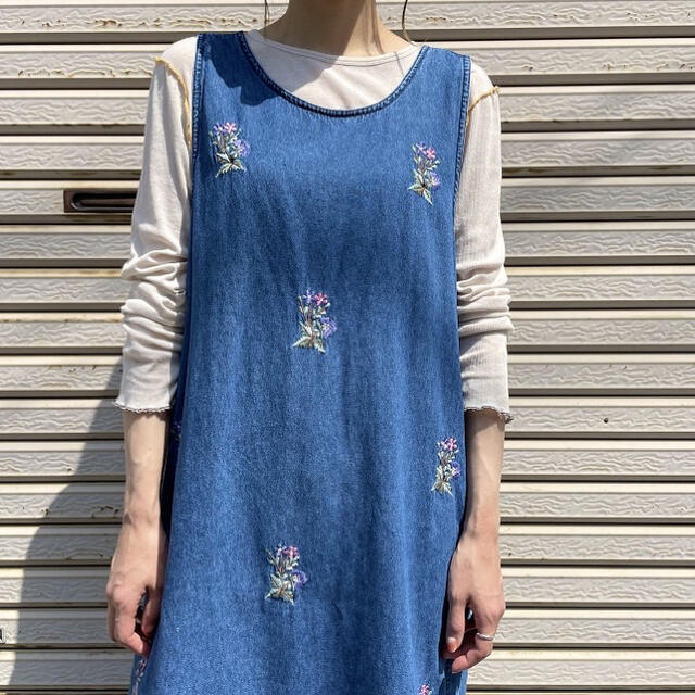 90s  花柄刺繍 デニム ロングワンピース ビンテージ 女子 3