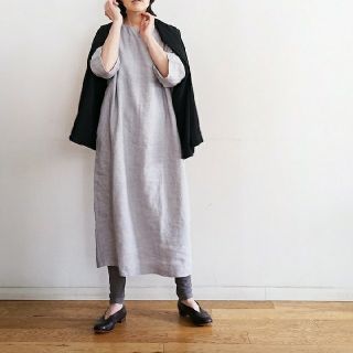 ムジルシリョウヒン(MUJI (無印良品))の☆新品☆ 無印良品 フレンチリネン洗いざらし七分袖ワンピース／グレー／Ｌ(ひざ丈ワンピース)