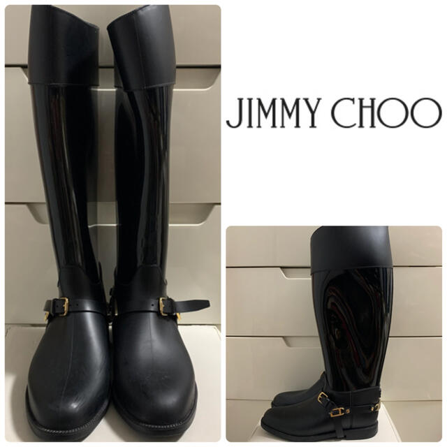 ジミーチュウ ブラックラバー バックロゴプレート レインブーツ 新発売