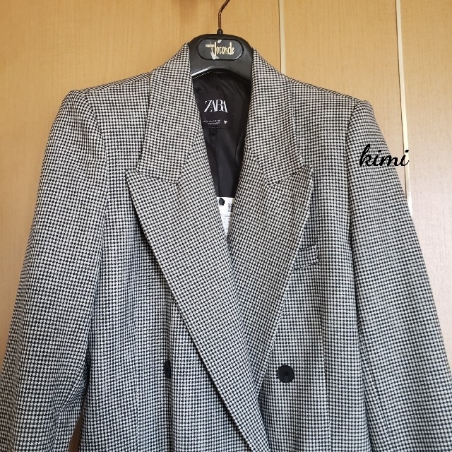 ZARA (S 白黒チェック柄) ダブルブレストジャケット ブレザー