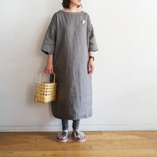 ムジルシリョウヒン(MUJI (無印良品))の◎新品◎ 無印良品フレンチリネン洗いざらし七分袖ワンピース／カーキベージュ／Ｌ(ひざ丈ワンピース)