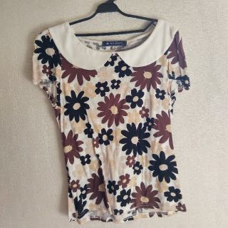 エムズグレイシー(M'S GRACY)のエムズグレイシー　Tシャツ　カットソー　40　花柄　襟付き　茶系(カットソー(半袖/袖なし))