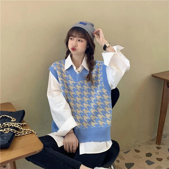 千鳥柄 ニットベスト サマーニット Vネック 春 夏 ブルー 千鳥柄 ニットベスト サマーニット Vネック 春 夏 ブルー