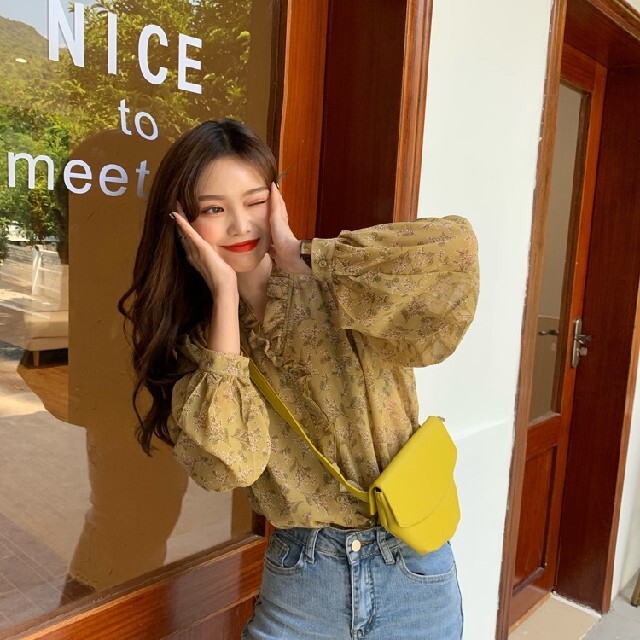 パフスリーブシフォントップス韓国オルチャンTシャツブラウス再入荷