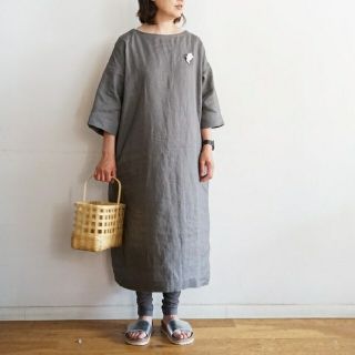 ムジルシリョウヒン(MUJI (無印良品))の≪新品≫ 無印良品フレンチリネン洗いざらし七分袖ワンピース／カーキベージュ／Ｌ(ひざ丈ワンピース)