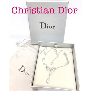 クリスチャンディオール(Christian Dior)の未使用美品◆ディオール ネックレス リボン Dロゴ ストーン シルバー色★110(ネックレス)