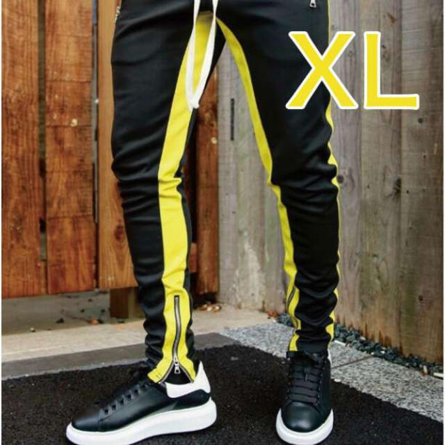 ラインパンツ ジョガーパンツ スウェット 黒 ブラック 黄 イエロー XL メンズのパンツ(その他)の商品写真