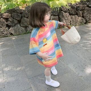 ワンピース 韓国子供服 フォーマル 女の子 入園式 卒園式 ボーダー柄 虹柄(ワンピース)