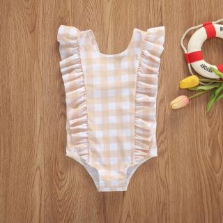 フリル 水着 女の子 ベビー チェック ベージュ 海外 北欧 80(水着)