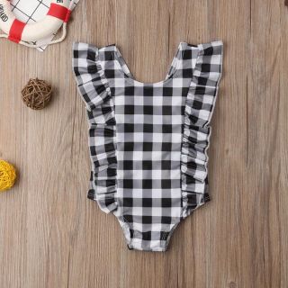 フリル 水着 女の子 ベビー チェック ブラック 海外 北欧 80(水着)