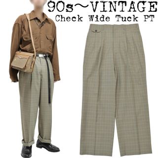 ★美品★90s〜VINTAGE★チェックパンツ★ワイドパンツ★オーカー★古着★(スラックス)